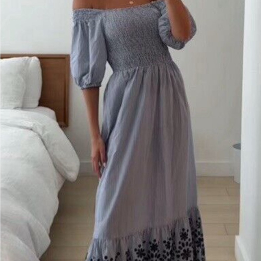 Zara Gray and Blue Smocked Off-Shoulder Maxi Dress